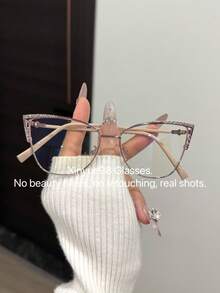 1 pièce Lunettes de mode de luxe pour femmes avec strass en forme d'œil de chat, convient pour assortir, décorer, les trajets quotidiens, la protection des yeux et l'anti-fatigue