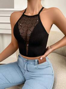 Sexy Sheer Contrast Mesh Wire-Free Bra For Women, Crossback Design & Flocked Pattern