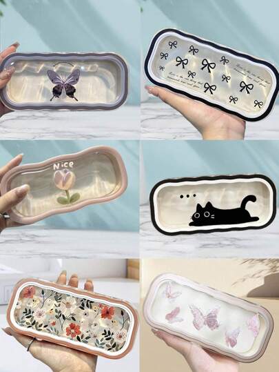 1pc Minimalist Floral Bow Wavy Eyeglass Case, Creative Personalized Glasses Storage Box, Simple Butterfly & Kitty Eyewear Holder For Students
