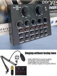 Kit d'équipement pour podcast, microphone podcast BM800 et carte son V8, V8S, capacité de batterie de 500 mAh, table de mixage externe sur site, convertisseur vocal avec de multiples effets sonores - interface audio - parfait pour l'enregistrement, le chant, le streaming et le jeu - Noir - Voir 5