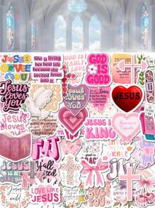 50pcs Pink Bible Verse Cartoon Stickers, DIY Journal, Decoration For Phone, Tablet
