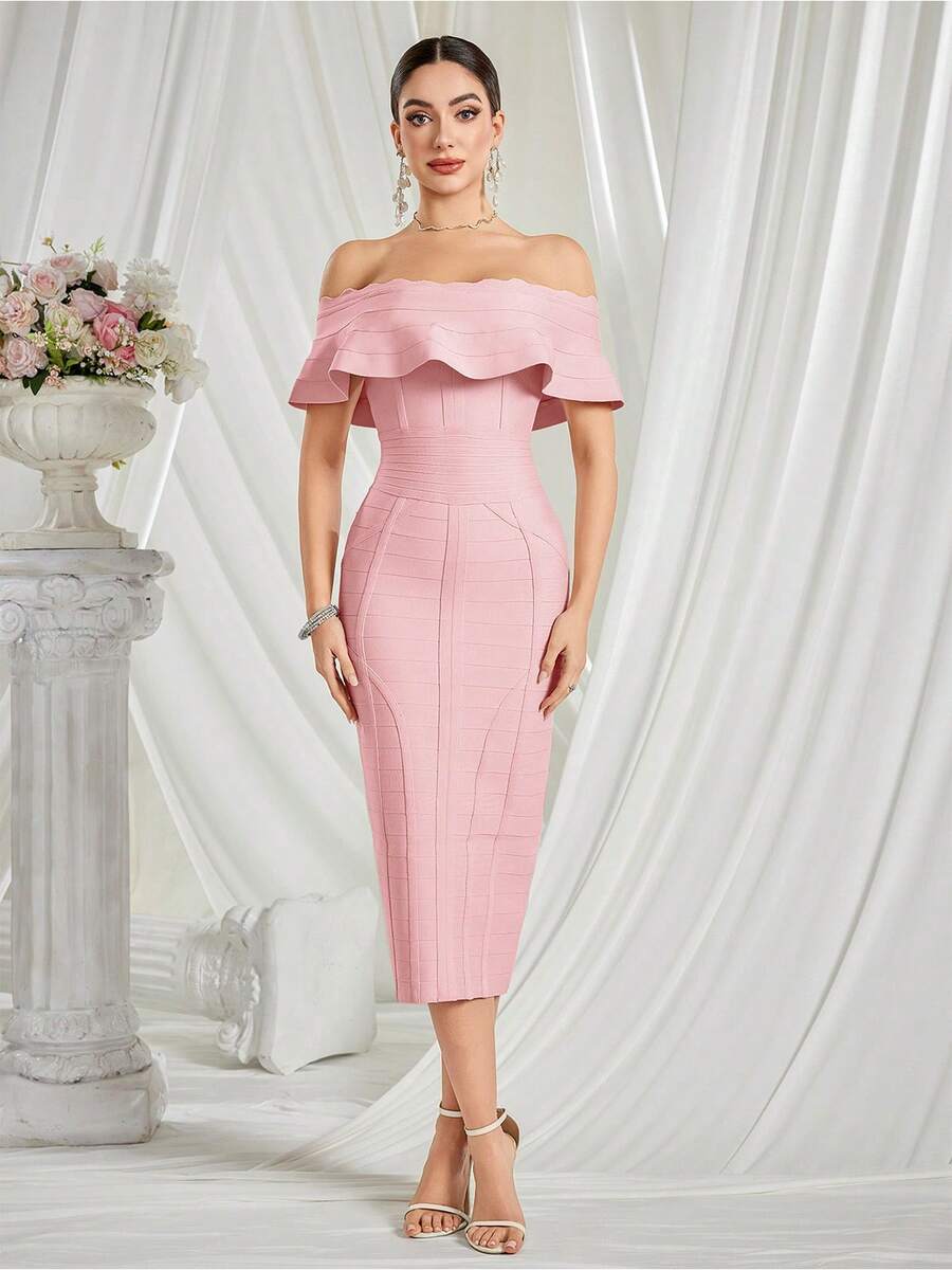 Off Shoulder Women Bandage Dress Wedding Guest Dresses Evening Formal Gown Clubwear Dress - 粉色 - 查看 1