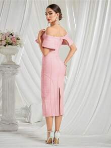 Off Shoulder Women Bandage Dress Wedding Guest Dresses Evening Formal Gown Clubwear Dress - 粉色 - 查看 2