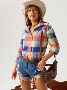 SHEIN LUNE 1 pezzo Camicia donna a maniche lunghe con stampa a quadri autunnale, spalle scoperte - Multicolore - Visualizzare 1