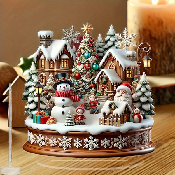 1 pieza 2D Decoración de escritorio de acrílico plana con escena navideña vintage de pueblo invernal con Papá Noel, muñeco de nieve y árbol festivo - No necesita electricidad, decoración navideña ligera para mesa, estantería o regalo de cumpleaños
