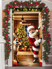 2D Santa Claus And Reindeer Holiday Door Banner, 1pc - Durable Polyester, 70.8x35.4 Inches, Ideal For Home Entrances And Outdoor Christmas Decor