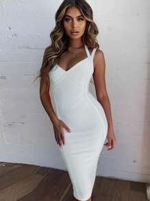 Vestido ajustado de tubo con escote en V, tirantes de espagueti y largo midi en estilo fantasía. Vestido de cóctel elegante blanco para salida nocturna, fiesta o cóctel, sexy para mujer