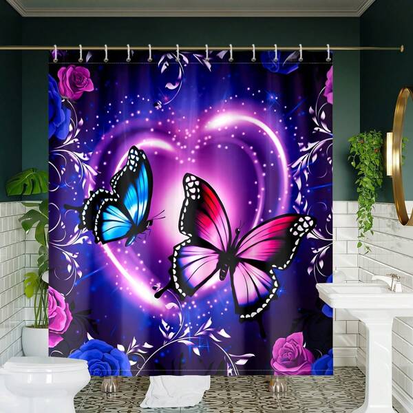 1pc Gradient Fluorescent Butterfly Flower, Bathroom Curtain With 12 Hooks, Suitable For Home Decoration Bathtub Curtains. It Is Suitable For Bathroom Decoration And Bathroom Curtain Decoration Back To School