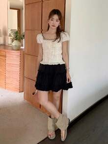 Áo nữ tay phồng chấm bi thắt nơ phối ren tương phản, kiểu dáng thường ngày mùa hè. - Màu be - Xem 3