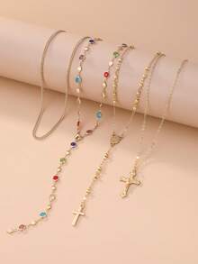4 件套波西米亚风格彩色水晶和复古金属十字架吊坠 Y 型项链套装，适合女性日常和节日穿着，送给朋友的礼物（各种彩色水晶、铜珠链为实物） - 項鍊 - 查看 4