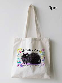 1pc Fashion "Smelly Cat" Printed Canvas Women's Handbag Shoulder Bag Tote Bag - Large Single Shoulder Handbag With Fixed Strap, Perfect For Shopping, Beach, Work, Travel, Fitness, Grocery And Outdoor Activities, Beach Tote Bag | Playful Printed Tote Bag | Sturdy Handle Handbag, Back To School Gift, Graduation Gift, Birthday Gift, Thanksgiving Gift, Teacher Gift, Christmas Gift, New Year Gift, First Choice Gift, Washable And Reusable