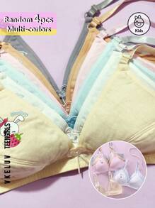 VKELUV Set de 4 sujetadores para niñas, sin alambres, cómodos y con ajuste de tirantes, cierre de doble gancho en la espalda, con tela de punto impresa con diseño de conejo lindo