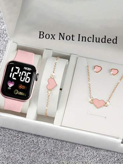 5 件套时尚可爱运动休闲商务女孩手表、心形手链项链耳环、圣诞节、情人节、狂欢节、斋月节、生日礼物