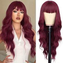 26inch Wine Red Wavy Long Hair With Bangs; Elegant And Noble; Soft Hair Quality; Mother's Day Gift And Party Event