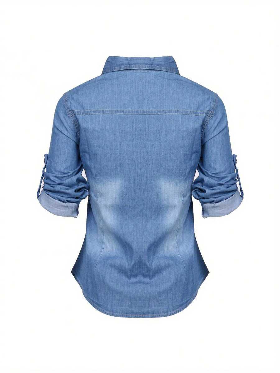 Women Retro Blue Denim Shirts Adjustable Long Sleeve Stand-Up Collar Single-Breasted Blouse Autumn Spring Fashion Slim Tops - Royal Blue - View 1
