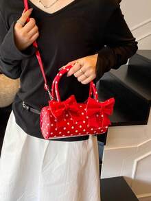 Stylish Red Handbag With Cute Bow & Polka Dot Pattern, Round Cylinder Shaped Crossbody Bag, Boston Pillow Bag, Phone Pouch, Fashionable & Defined For Women, Suitable For Party, Shopping, Dating, Gift - Red - View 7