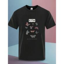 KITH Butterfly Art Print T-Shirt Round Neck Cotton Summer Casual Sports Loose, All-Season, Family T-Shirt As Gift - 黑色 - 查看 1