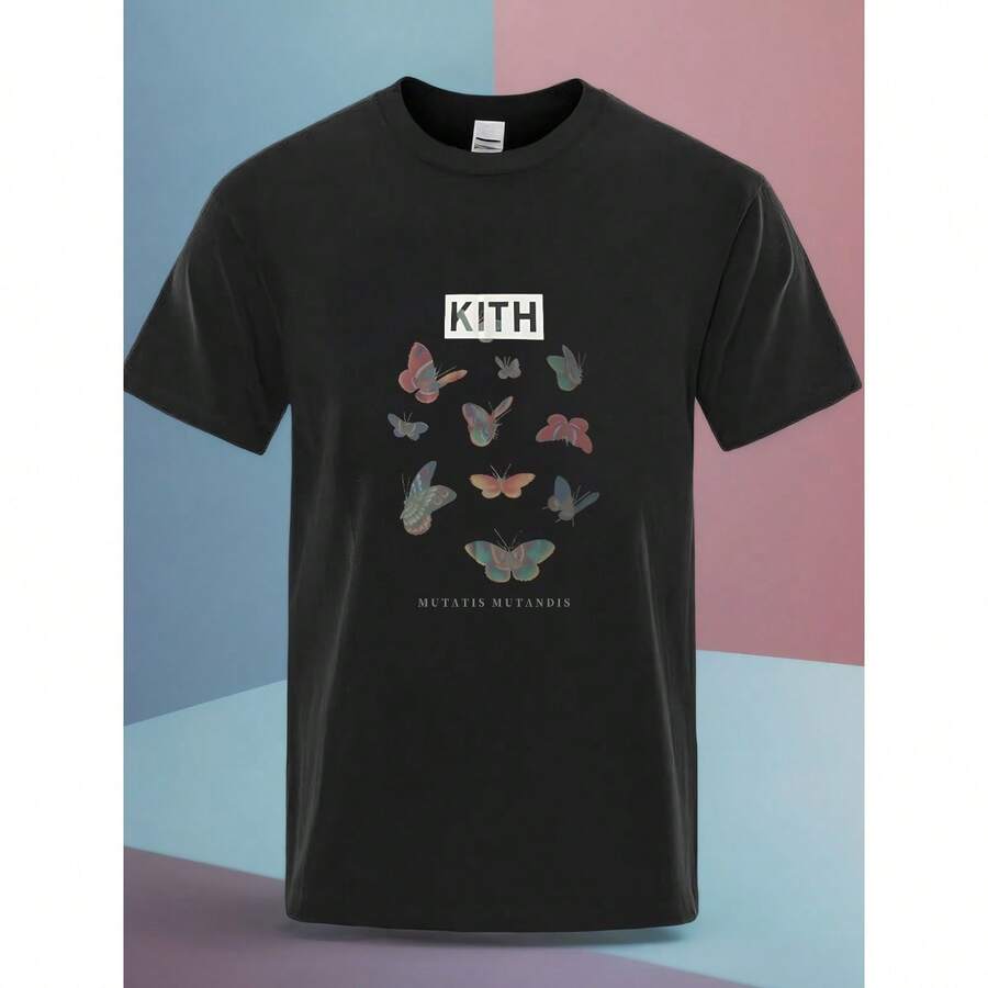 KITH Butterfly Art Print T-Shirt Round Neck Cotton Summer Casual Sports Loose, All-Season, Family T-Shirt As Gift - 黑色 - 查看 1