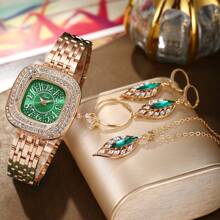 Relógio feminino em ouro rosa, material de liga, mostrador verde, com decoração de folha verde