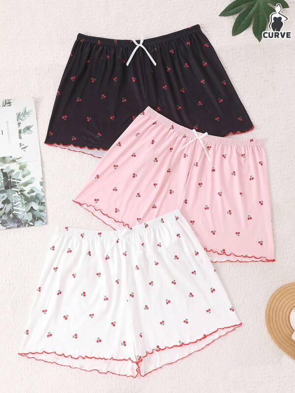 3pcs/Set Plus Size Women Cherry Print Knit Sleepwear Shorts Pajama Set
