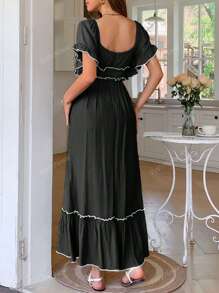 PoPoHouse Women's Dress Summer Vacation Casual Color Contrast Skirt With Ruffled Puffy Sleeves