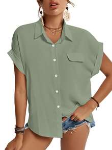 Women's Casual Collared Cap Sleeves Shirt Button Down Work Blouse Tops With Pockets - 黃綠色 - 查看 2