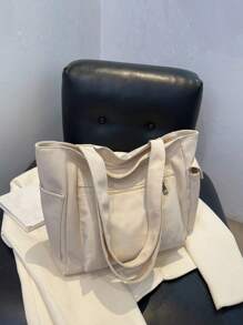 Bolsa de ombro grande com vários bolsos, cor lisa, moderna, minimalista, casual, para viagem, escola, compras