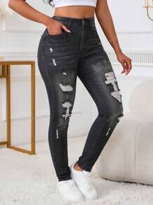 25 Vêtements pour femmes AW Automne Sexy Jeans taille haute pour femmes Jeans skinny déchirés et étirés Jeans taille haute qui soulève les fesses Pantalon en denim