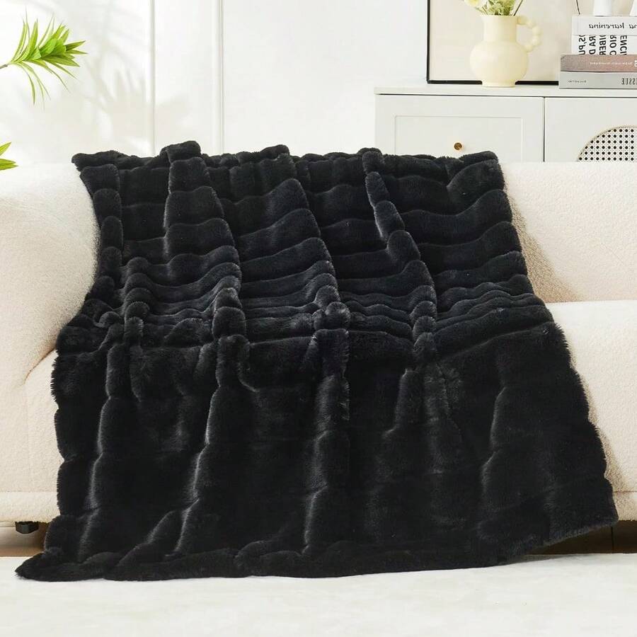 Local Delivery--Cozy Bliss Faux Fur Throw Blanket For Couch, Jacquard Fuzzy Plush Soft Thick Winter Throw Blanket For Sofa Bed Living Room Bedroom - Stripe - Black - View 1