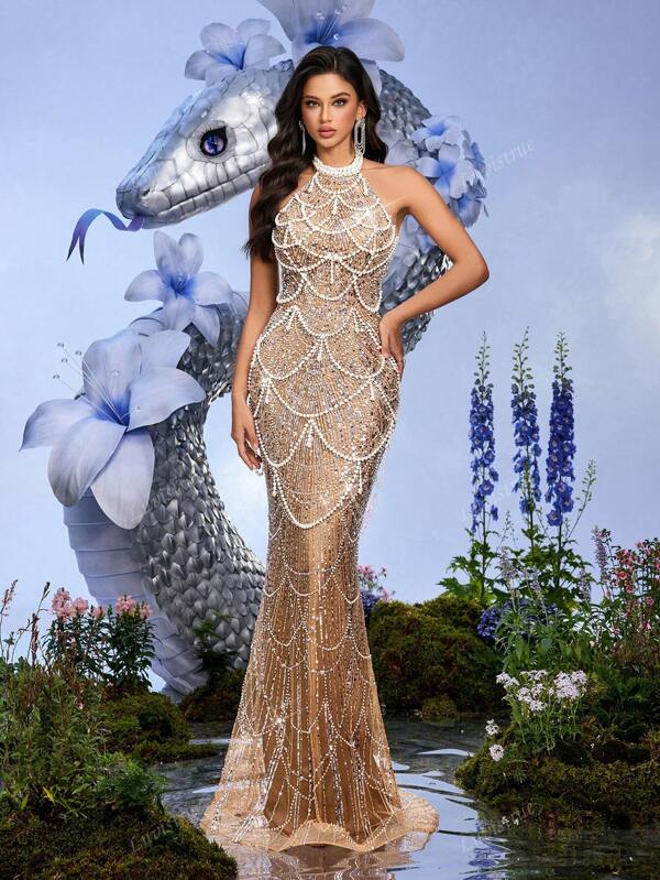Shining Elegant Backless Lace Up Beading Sequin Gown Dress For Formal Evening, Party
