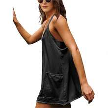 Women Plus Size Sports Dress With Built-In Shorts, Womens Athletic Sleeveless Romper Dress With Built-In Shorts, Summer Tennis Sundress With Spaghetti Straps & Pockets - 黑色 - 查看 4