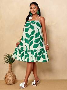 BIUBIU Rochie de vară pentru femei, Plus Size, tropicală, cu frunze verzi, sexy, cu bretele spaghete, cu tiv în straturi, scurtă, plajă, casual, de vacanță, elegantă - Verde - Vizualizare 4