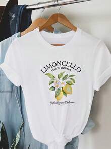 Dames casual T-shirt met Limoncello-citroenlikeurprint en bloemen- en fruitprint - Wit - Bekijken 3