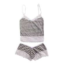 Baby Doll Pajamas Short Striped Mixed Sexy Lace Comfort Feminine Style - Blanco - Ver 1