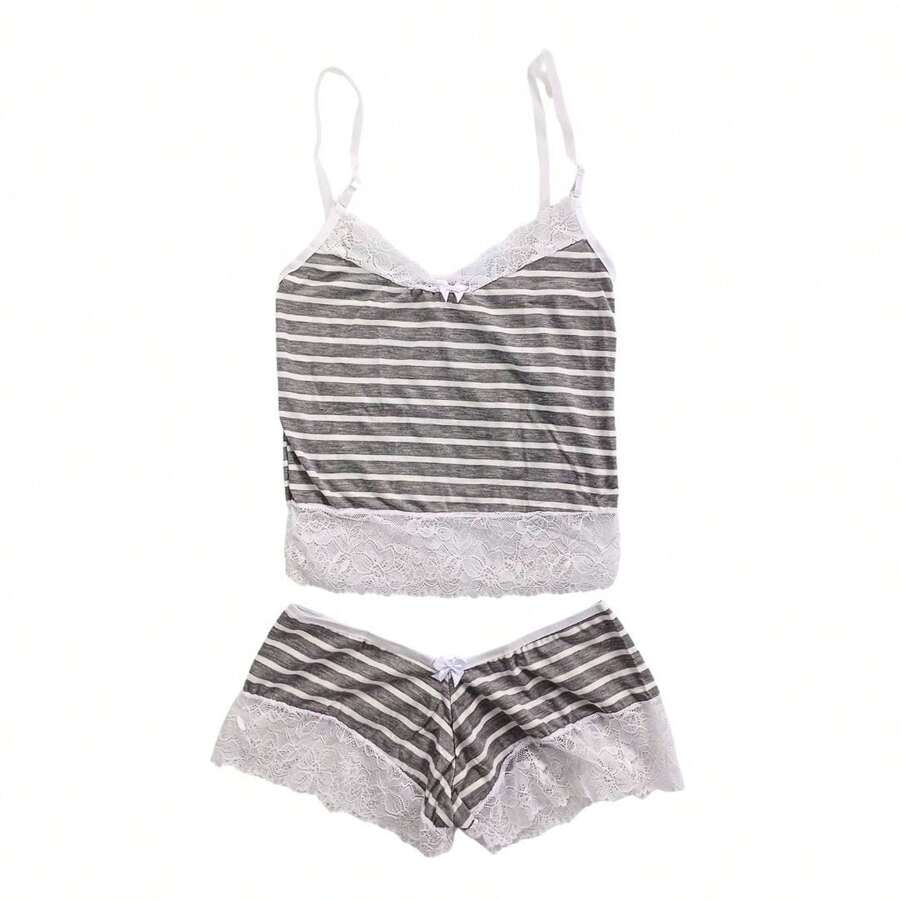 Baby Doll Pajamas Short Striped Mixed Sexy Lace Comfort Feminine Style - Blanco - Ver 1