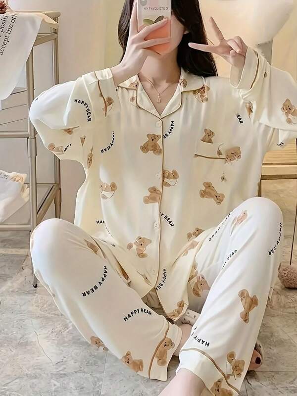 AICJ Women's Cute Bear & Letter Cartoon Print Pajama Set - Soft, Can Be Worn Outside In Spring, Autumn And Winter, Collared Long Sleeve Top And Long Pants 2 Pieces Sleepwear Set