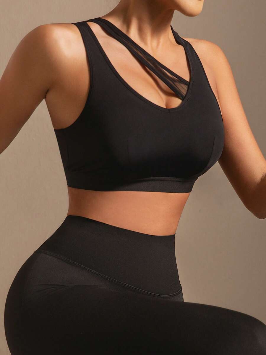 1pc Women's Plain Color Wireless Sports Bra With Cutout Back