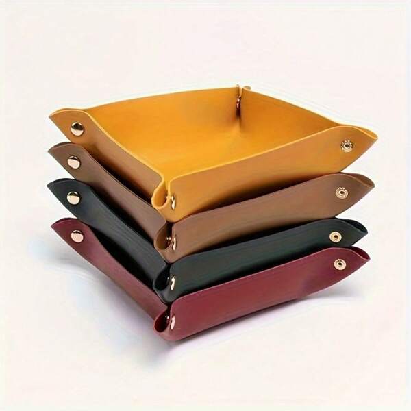 1pc European Style Leather Tray Organizer Box - 1 Open Stacking Storage Box For Desktop, Keys, Cosmetics, Jewelry - Elegant PU Leather Display Tray For Living Room Decor And Snacks, Home Organization Storage