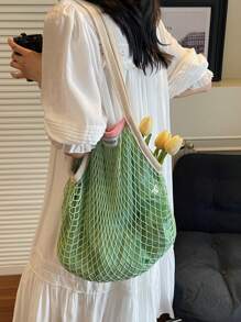 Spacious Rhombic Mesh Woven Shoulder Tote Bag, Women's Summer Versatile Hollow-Out Woven Beach Bag
