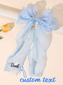 1 Stück individuell gestaltete blaue Mesh-Haarschleife für Mädchen, personalisierte Namenenschleife, Haarspangen mit glitzernder Strass-Krone, Quasten-Dekor, elegante Prinzessin Haarstyling-Clips, Sommer-Haarspangen, Kinderhaar-Accessoires