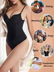 Built In Bra Women Shapewear Bodysuit Thong Tummy Control Underwear Tank Top Vest Slimming Abdomen Compression Body Shaper Under The Dress Party Wedding Waist Trainer Padded Shelf Bra 4 Steel Boned - 黑色 - 查看 5