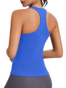 Seamless Workout Tops For Women With Built In Bra Athletic Tank Tops Yoga Runnning Workout Shirts Slim Fit - Klein Blue - View 3