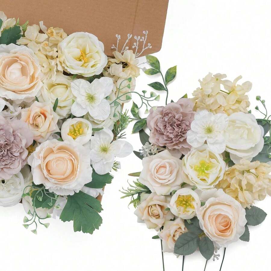 Artificial Flowers Combo, Champagne Silk Roses, Peonies, Dahlias With Stems For DIY Wedding Bouquets, Baby Shower, Table Centerpieces, Home Decor, Fake Floral Arrangements, Party Decorations - 白2 - 查看 1