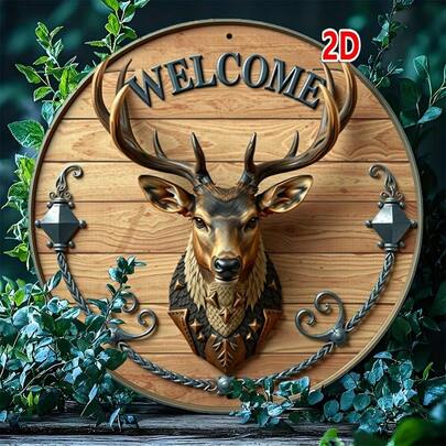 1pc 8-Inch Round Deer Head Welcome Sign - Rustic Wall Decor With Deer Antlers And Leaf Pattern, Suitable For Home, Farm, Garden, Bar Or Entrance, 2D, Great For Room Decoration, Random Hole Position