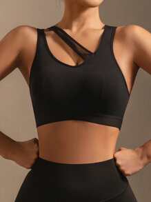 1pc Women's Plain Color Wireless Sports Bra With Cutout Back