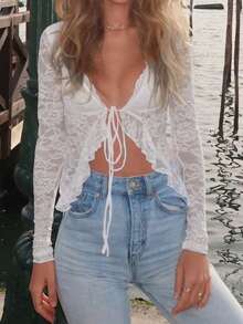 Women Sheer Tops, Long Sleeve Tie-Up See-Through Summer Lace Tops Clubwear For Party - White - View 1