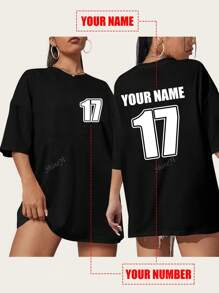 T-shirt personalizzabile con testo, numeri, loghi, nomi/testo/numeri fortunati, tinta unita nera, t-shirt ampia con maniche corte da donna, adatta per feste, all'aperto, sport casual, comoda per la primavera/estate, ideale per personalizzazioni per lauree, uniformi per raduni familiari