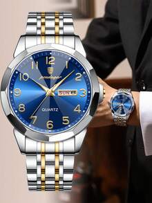 POEDAGAR 1件装休闲男士不锈钢石英腕表，防水，夜光，双日期显示，时尚男士腕表，适合日常佩戴，情人节礼物 - 均碼 - 查看 10