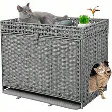 Arenero para Gato Cerrado - Casa para Gatos Exterior - Puerta Lateral para tu Mascota - Mueble de Mimbre Ratán Tejido a Mano - Incluye Alfombrilla Suave - gris - Ver 9
