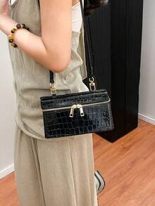 Women's Fashion Square Tote Bag, Elegant Crossbody Handbag With Phone Compartment, Black - Black - View 5